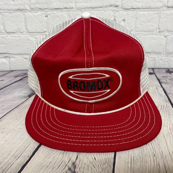 Vintage Farmer Hat Mesh Rope Cap Red White BROMOX Herbicide - DEFECT HOLE Item#2 - Picture 5 of 9